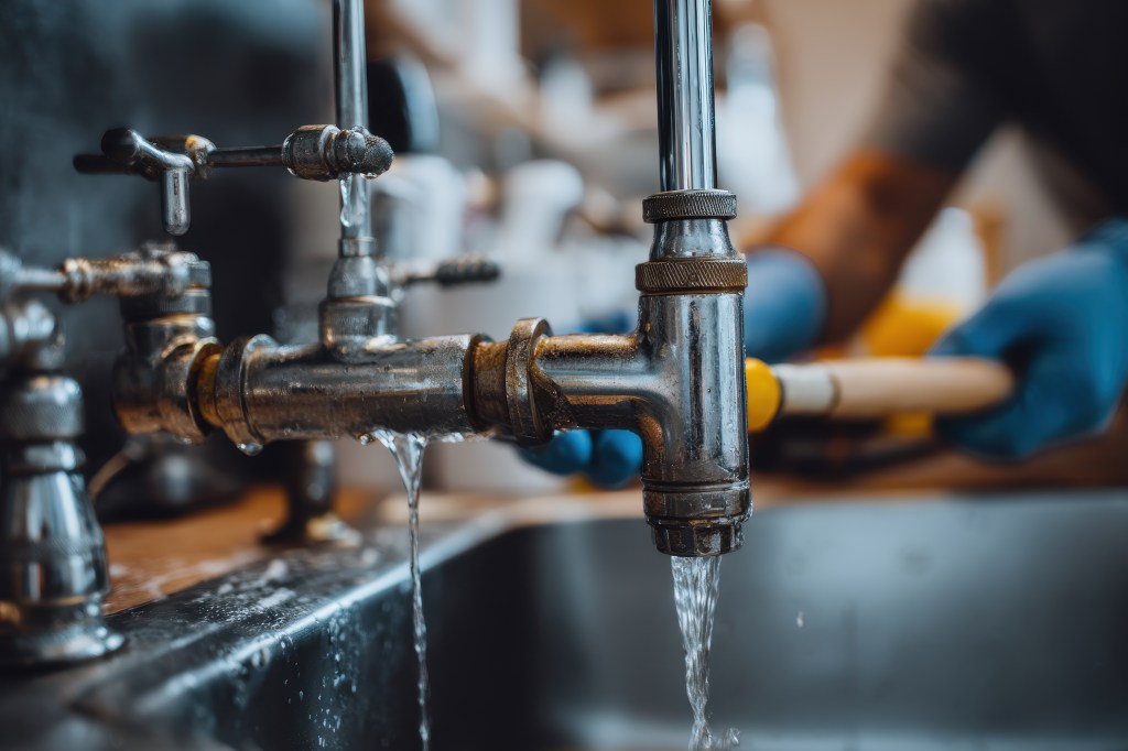 Close-up of an old, leaky metal faucet dripping water into a stainless steel sink.