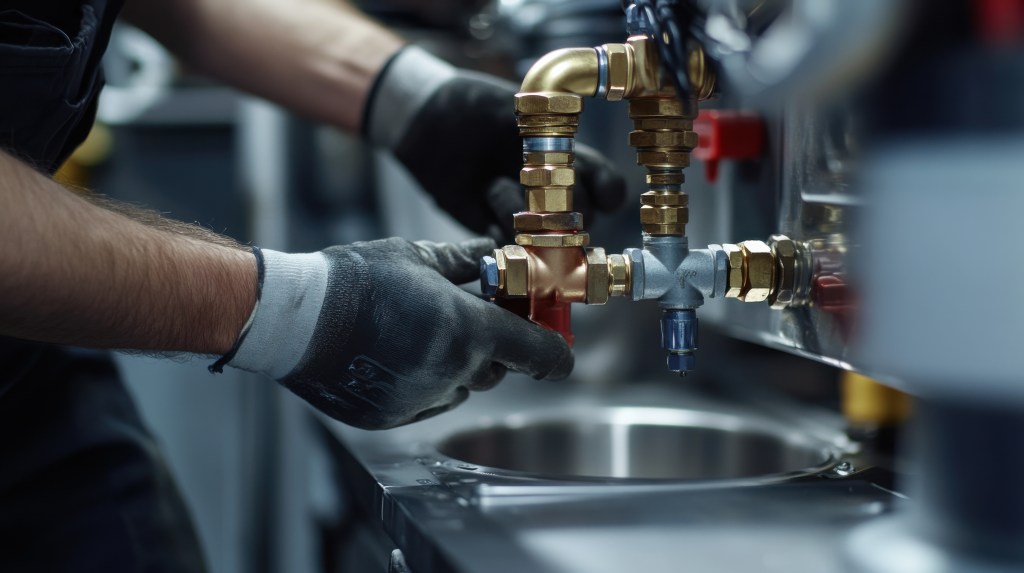 A worker in gloves adjusts complex brass and copper plumbing connections over a metal sink.