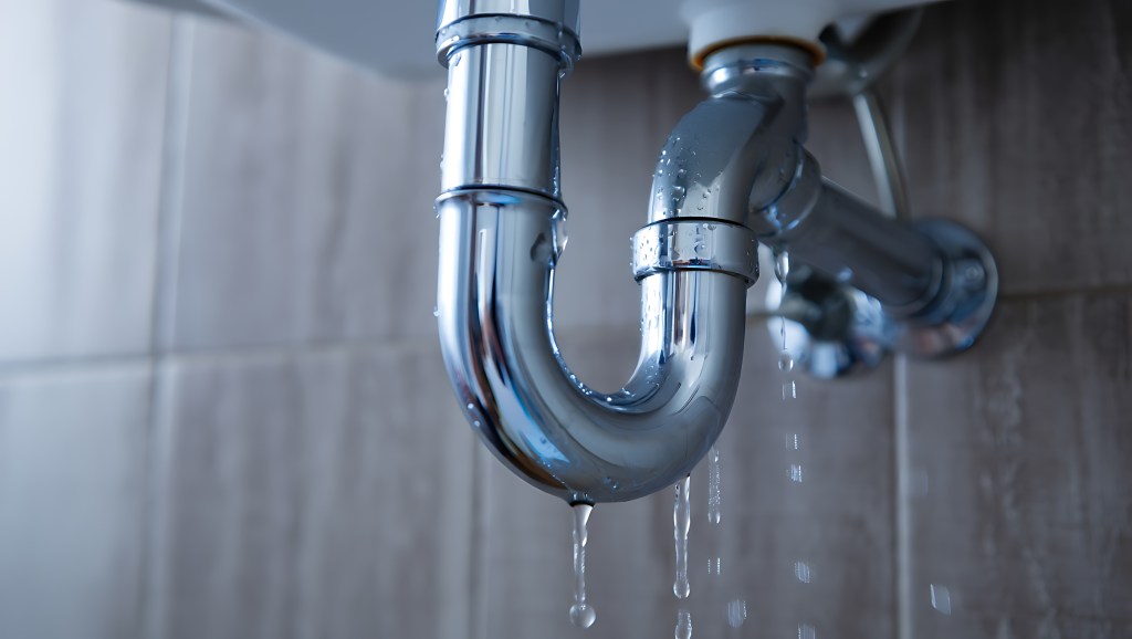 Close-up of a leaking chrome P-trap pipe under a sink, dripping water onto the floor.