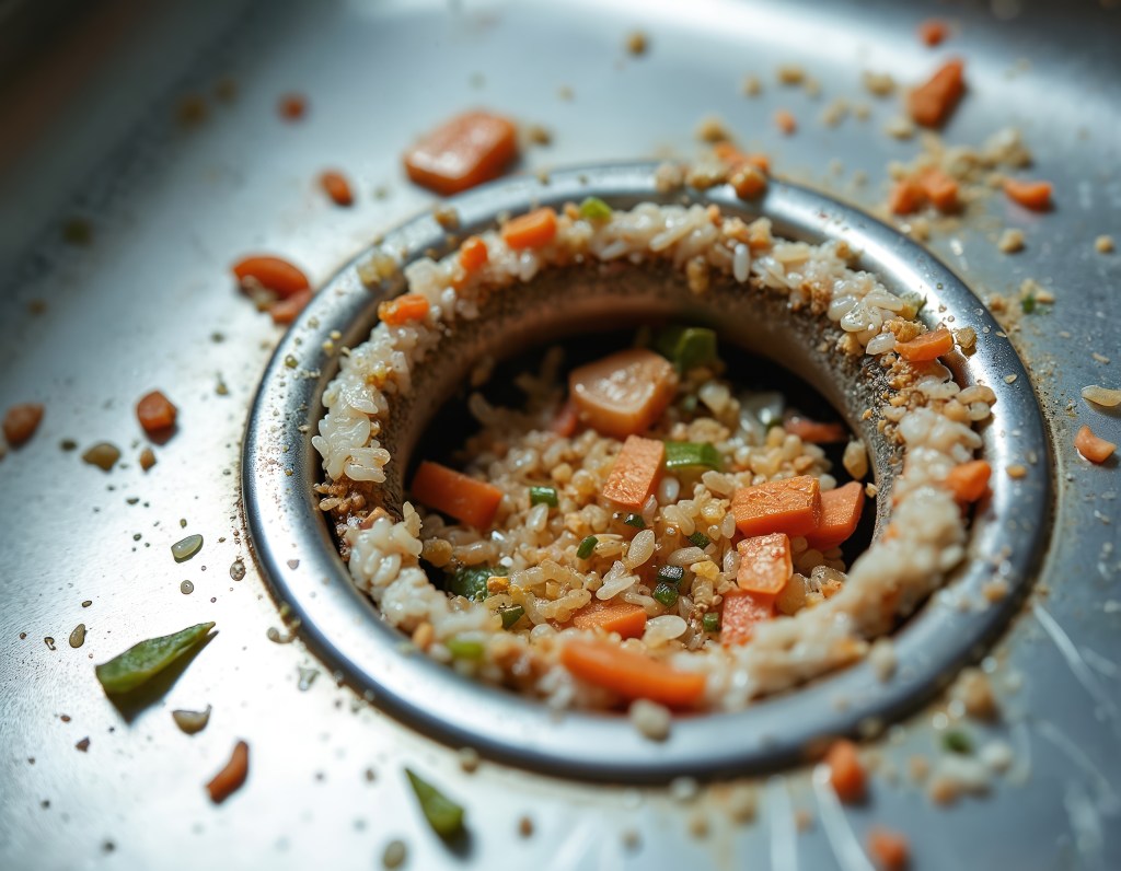 Leftover rice, carrots, and food scraps clogged in a stainless steel kitchen sink drain.