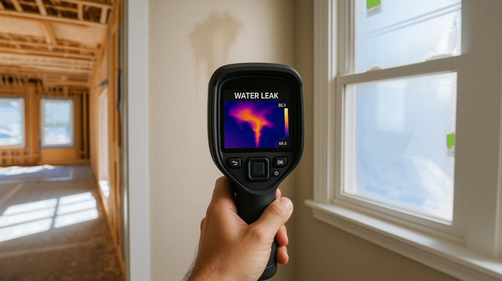 Thermal camera detecting a 'Water Leak' (warm spot) on a wall in a house under construction.